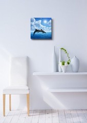 Canvas Prints Wall Art – Two Dolphins Jumping on the Clear Blue Sea/Ocean- 12×12