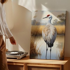Sandhill Crane In Wetlands Canvasdetailed Painting Of Crane With Reflections