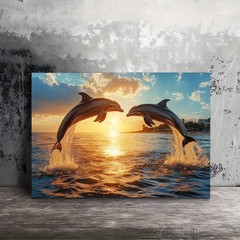 Two Dolphins Sunset Ocean Framed Canvas, Warm Coastal Scenery Wall Decor