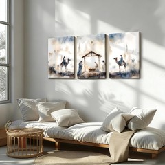 Nativity Scene Canvas Wall Art Set of 3 Christian Watercolor Bethlehem Wall D…