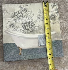 Bathroom Canvas Print Wall Art 12” X 11.5” Bathtub Flowers Blue White Black Gold