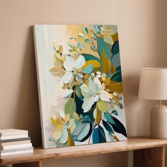 Abstract Modern Floral Canvas Wall Art Blue White Yellow Green Botanical Leaves