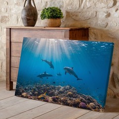 Vibrant Underwater Scene Featuring Playful Dolphins Swimming Gracefully Wall Art