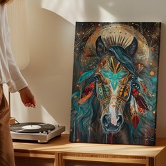 Bohemian Horse Canvas Wall Art Native American Tribal Feathers Animal Print