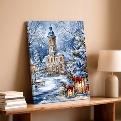 Wall Art Winter Church Landscape Canvas Print Snowy Lantern Christmas Decor