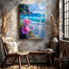 Wall Art Coastal Beach Seascape Pink Flowers Ocean Waves Cliff Canvas Print