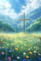 Christian Cross Mountains Wildflowers 4×6 Photo Print Religious Wall Art Decor