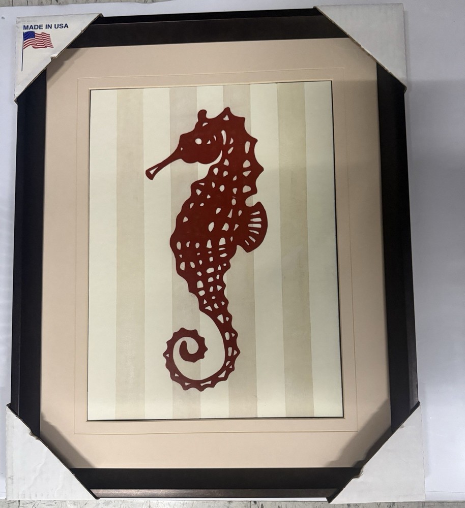 Framed Coastal Seahorse Wall Art Red Cutout Striped Background 20”x16”