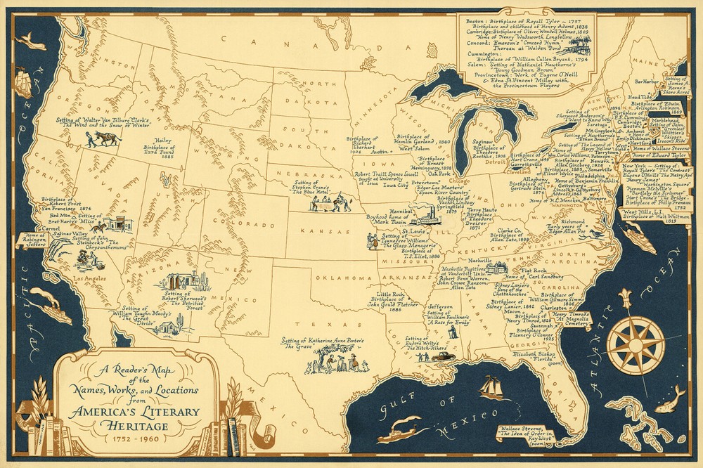 Pictorial Readers Map From Americas Literary Heritage Librarian Bibliophile Gift