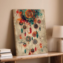Boho Dreamcatcher Canvas Wall Art Colorful Abstract Feather Bohemian Decor Print