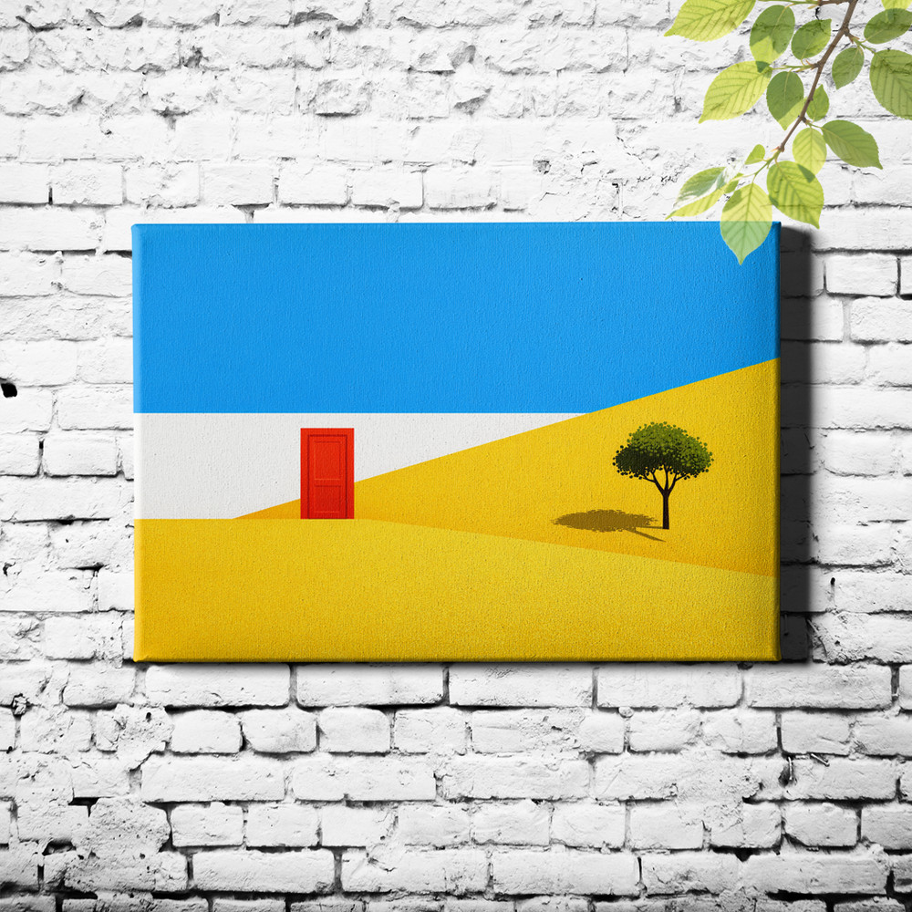 Red Door Landscape Canvas Art Minimal Blue White Yellow Color Blocks