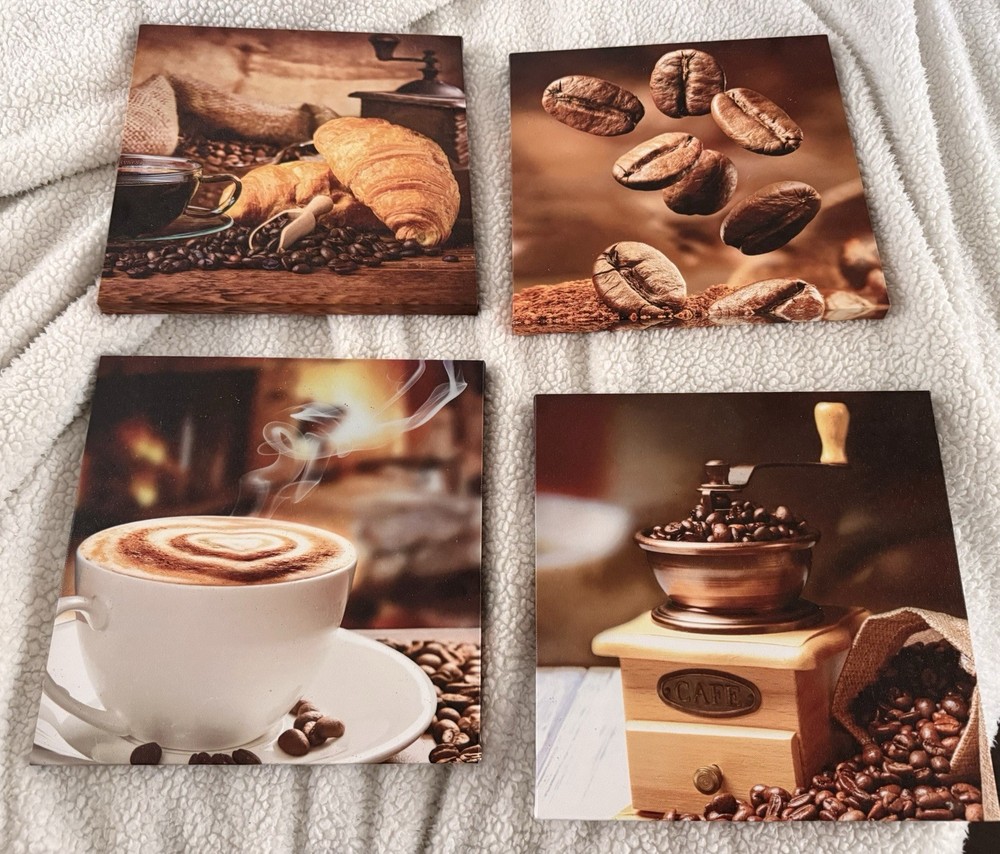 Set Of 4 12”x12” Coffee Themed Canvas Wall Art