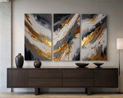 Grey and Gold Abstract Large 3-Panel Canvas Print, Home Decor Neutral Wall Art
