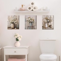 3 Pcs Daisy Bathroom Wall Decor Fall Rustic Farmhouse Pictures Wall Decor Can…