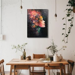 Framed Canvas Wall Art Beautiful Woman With Colorful Flowers, White Flowers H…