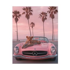 Poster Vintage Léopard Sur Voiture Rose – Impression Artistique Haute Qualité
