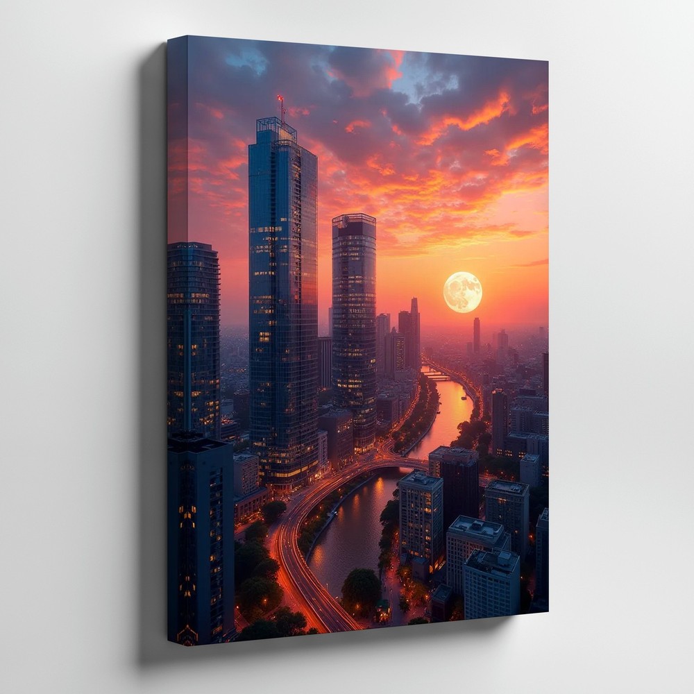 Cityscape Canvas Wall Art Sunset With Full Moon Modern Urban Night Skyline Print