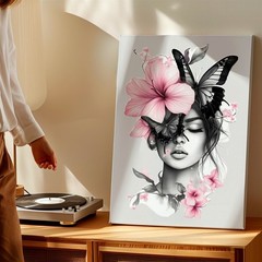 Wall Art Woman Face Portrait with Pink Flowers Black Butterflies Floral Print