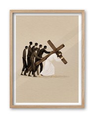Carrying the Cross Beige Natural OAK Wood Framed Wall Art, 12x16in Black and …