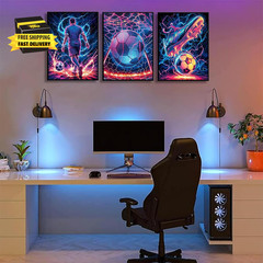 3Pcs Cool Soccer Wall Art Abstract Soccer Sneakers Posters Prints Paintings Neon