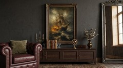 Burning Pirate Ship in Stormy Sea Poster Gothic Nautical Dark Academia Wall Art