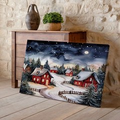 Cozy Winter Village Canvas Wall Art Snowy Red Houses Moonlight Forest Print