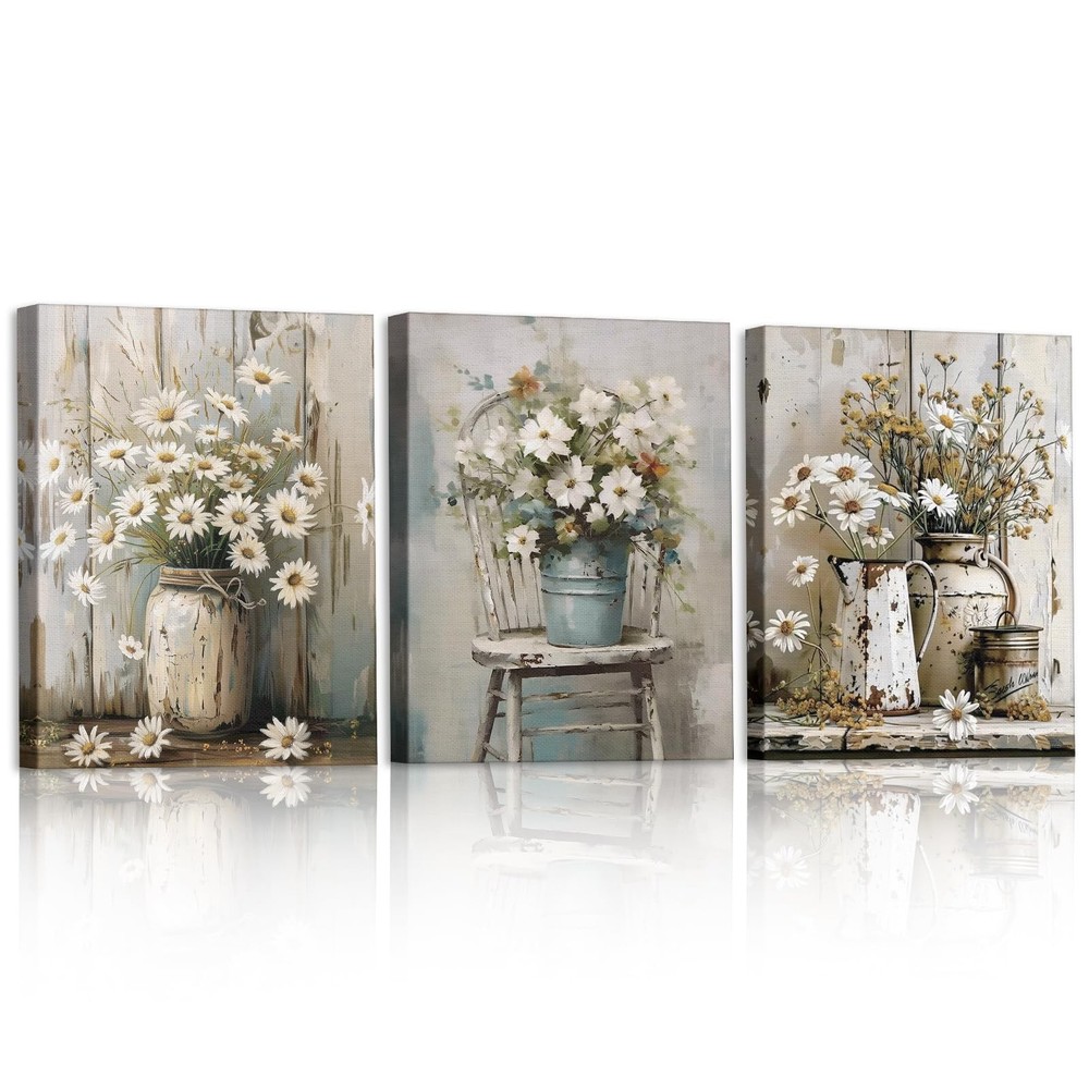 3 Pcs Daisy Bathroom Wall Decor Fall Rustic Farmhouse Pictures Wall Decor Can…
