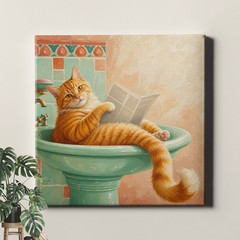 Tabby cat reading newspaper bathroom scene Poster Print humorous pet art