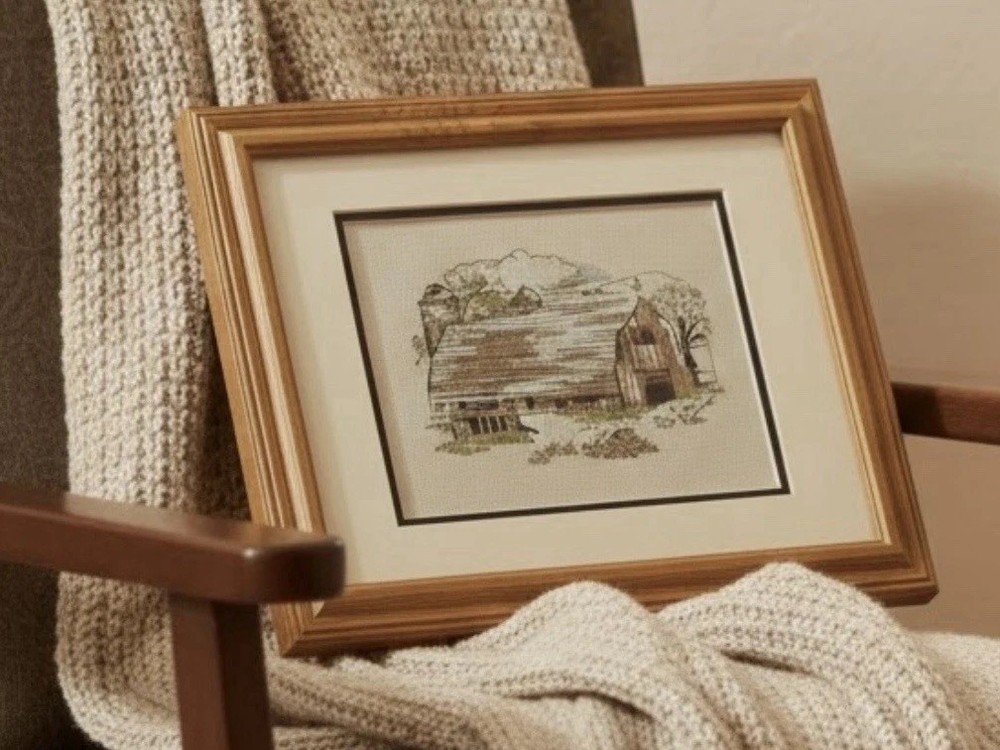 Vintage Framed Barn Cross Stitch Farmhouse Cottage Wall Decor Rustic Country Art