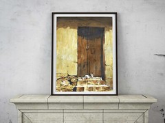 Cat lying in doorway Sacred Valley, Peru. Watercolor painting (fine art print).