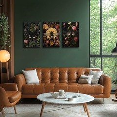 3pcs Framede Gothic Dark Floral Canvas Wall Art Vintage Butterfly Dragonfly B…