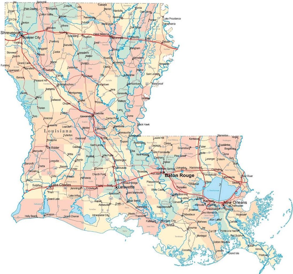 LOUISIANA ROAD MAP Glossy Poster Picture Photo Banner Print county state 2147