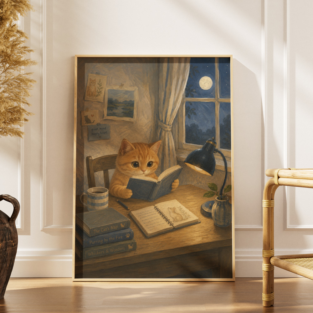 Whimsical Orange Cat Reading Book Poster Cottagecore Room Decor Cute Art Print