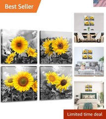 Rustic Floral Wall Art – 4 Panels Sunflower Watercolor Canvas, Waterproof Finish