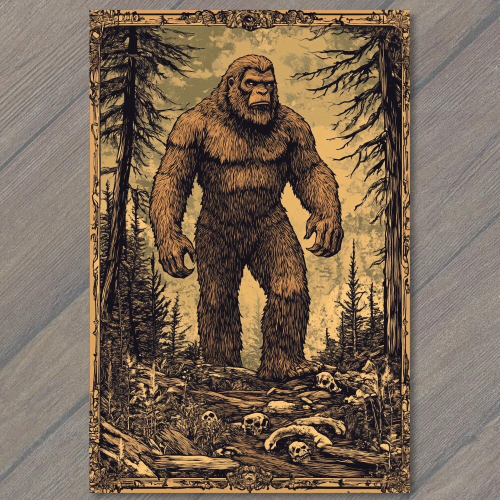 Art Print Bigfoot Walking Moonlit Forest Skulls Trees Mythical Creature Strange