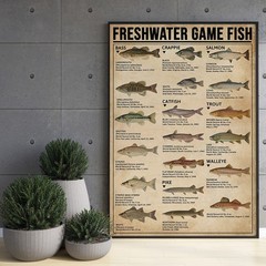 Vintage Fishing Poster – Freshwater Game Fish Knowledge Print – Home Decor
