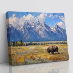 Grand Teton National Park Bison Painting Canvas Print USA Nature Wall Art Decor