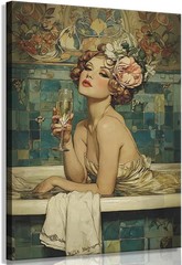 Vintage Bathroom Canvas Wall Art Woman With Champagne Picture Wall Decor Coquett