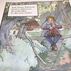 Vtg Tommy Titmouse Boy Fishing Bridge 1910s Mother Goose Print Wall Art 9×12″
