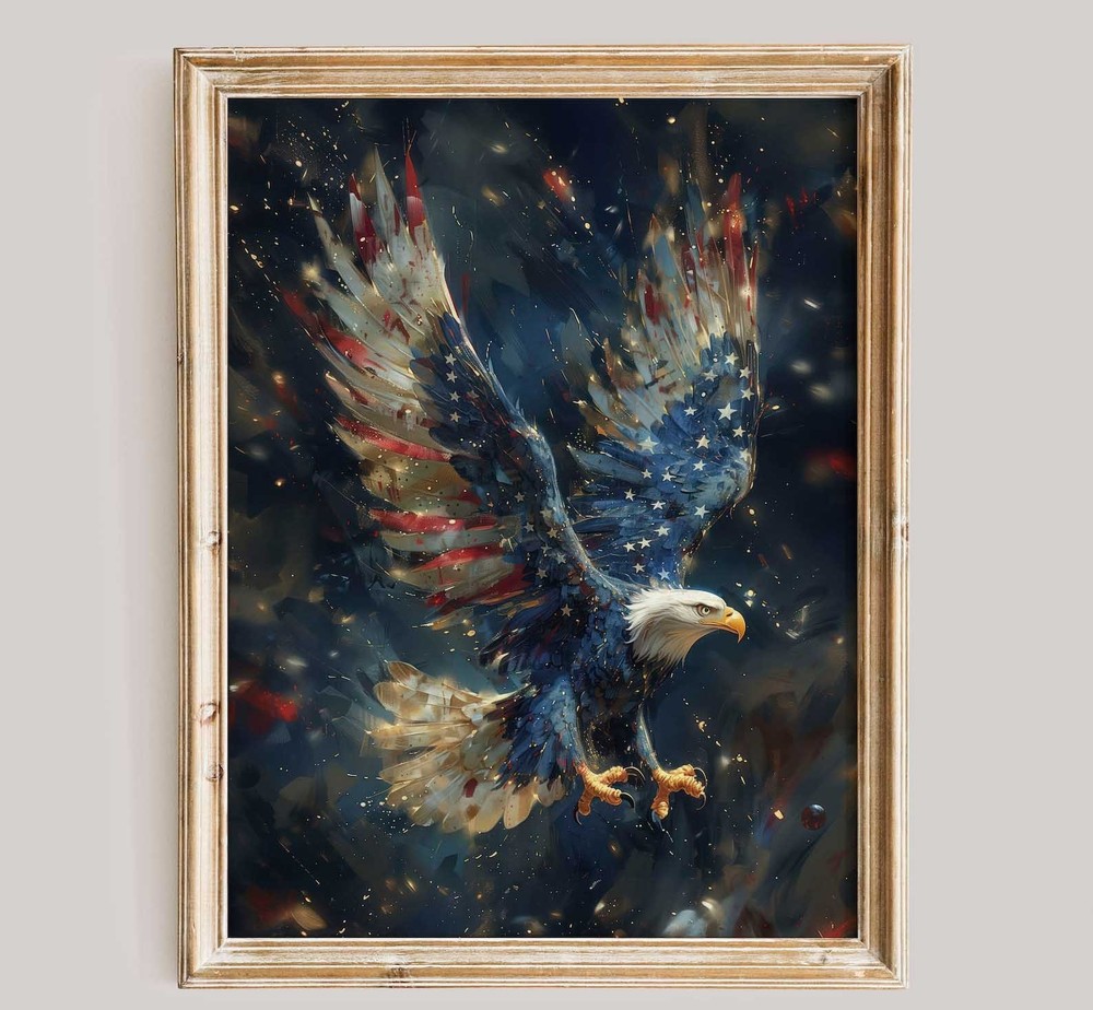American Bald Eagle with Flag, 4th of July USA, Patriotic American Flag Poster