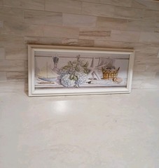 White Framed Coastal Boat Starfish Hydrangeas Print Size 19.5 x 8.5 Made In USA