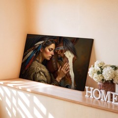 Native American woman with feathers in hair and horse canvas wall art print