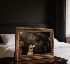 Gold Framed Vintage Horse And Dog Canvas Wall Art Rustic Farmhouse Retro Anim…
