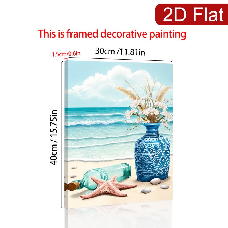 Beach Starfish Blue Vase Daisy Canvas Wood Frame Wall Decor Gift