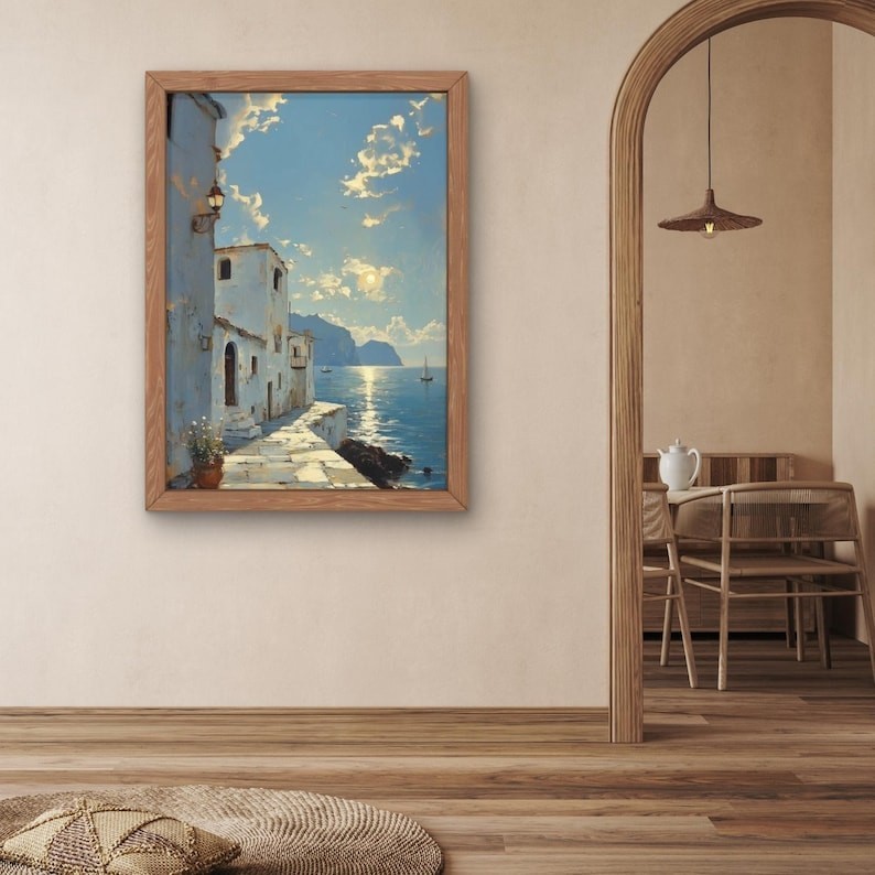 Sunset Sea Landscape Wall Art Mediterranean Seaside Village Print Home Decor