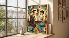Art Deco Cocktail Poster Geometric Mid Century Modern Couple Wall Art
