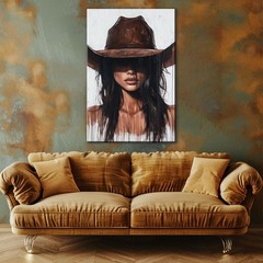 Cowgirl Canvas Art Western Style Dark Brown Hair Extra Large Living Room Decor