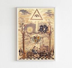 Masonic Temple Pillars and Crest, Freemasonry Print, Vintage Masonic Wall Art.