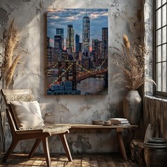 New York City Skyline Canvas Wall Art Brooklyn Bridge Night Light Decor Print