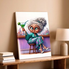 Canvas Funny Grandma Drinking Martini Bar Cartoon Home Gift Room Elegant Print